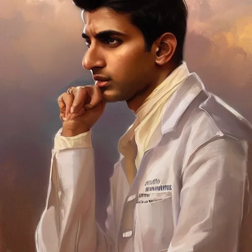 Image similar to Anxious good looking pale young Indian doctors wearing American clothes at the airport, portrait, elegant, intricate, digital painting, artstation, concept art, smooth, sharp focus, illustration, art by artgerm and greg rutkowski and alphonse mucha