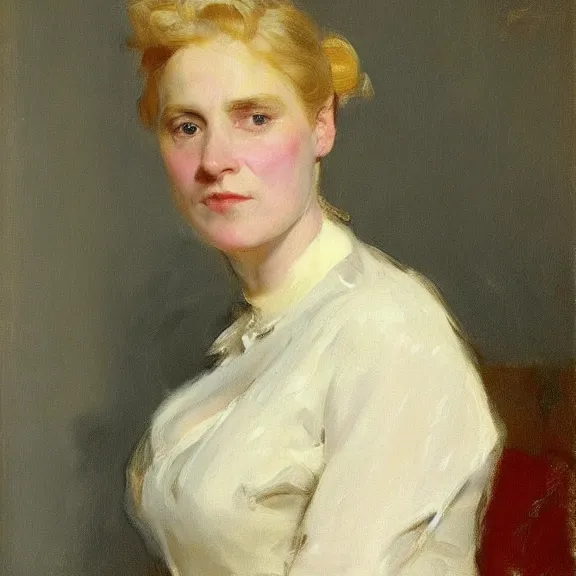 Image similar to portrait of a middle aged maid with blonde hair, by sargent, 1880