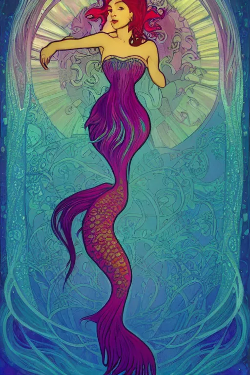 Prompt: a beautiful psychedelic mermaid with a beautiful fin, symmetrical features, cinematic lighting, soft bokeh, fantasy, modern, colourful, highly detailed, digital painting, artstation, deviantart, concept art, sharp focus, illustration, by alphonse mucha and eyvind earle