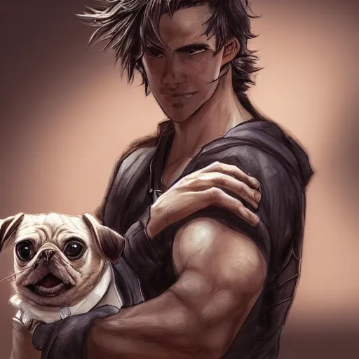 Prompt: self portrait, young white hispanic handsome man with short light brown hair and light skin and a 5 o clock shadow and holding a pug while fighting against 2 swordsmen pencil art, warzon, battlefield, added detail, high definiton, colored, backfacing, illustrated by yoji shinkawa