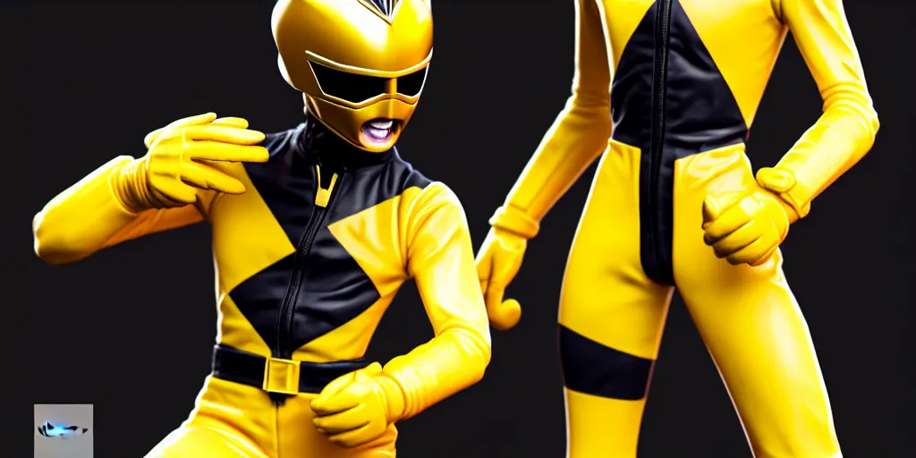 Image similar to symmetry!! portriat, a single yellow ranger, head and torso, artstation, art by murata, art by oda echiiro, lightning helmet, 3 d, jumpsuit, tracksuit, yellow, gloves, logo