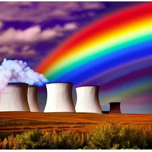 Image similar to A Masterpiece Landscape of a broken down nuclear power station, Nuclear blast imminent, nuclear reactor going critical. Rainbow Color Scheme