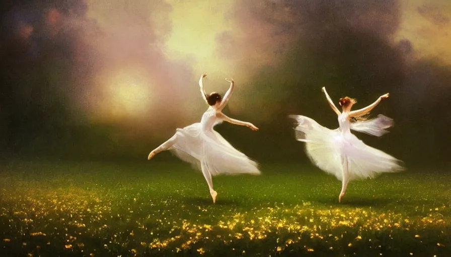 Image similar to dancers in white dancing across a flower meadow the moonlit dance of the fae by wojciech siudmak and ivan aivazovsky, contemporary dancers dancing artistic photography movement photorealistic volumetric cinematic light, award - winning