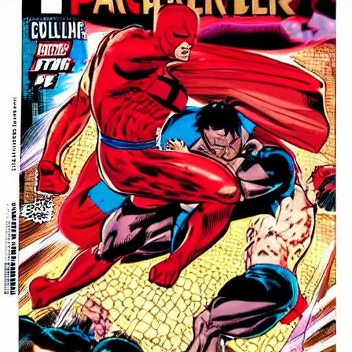 Image similar to daredevil punching superman, comic cover, marvel