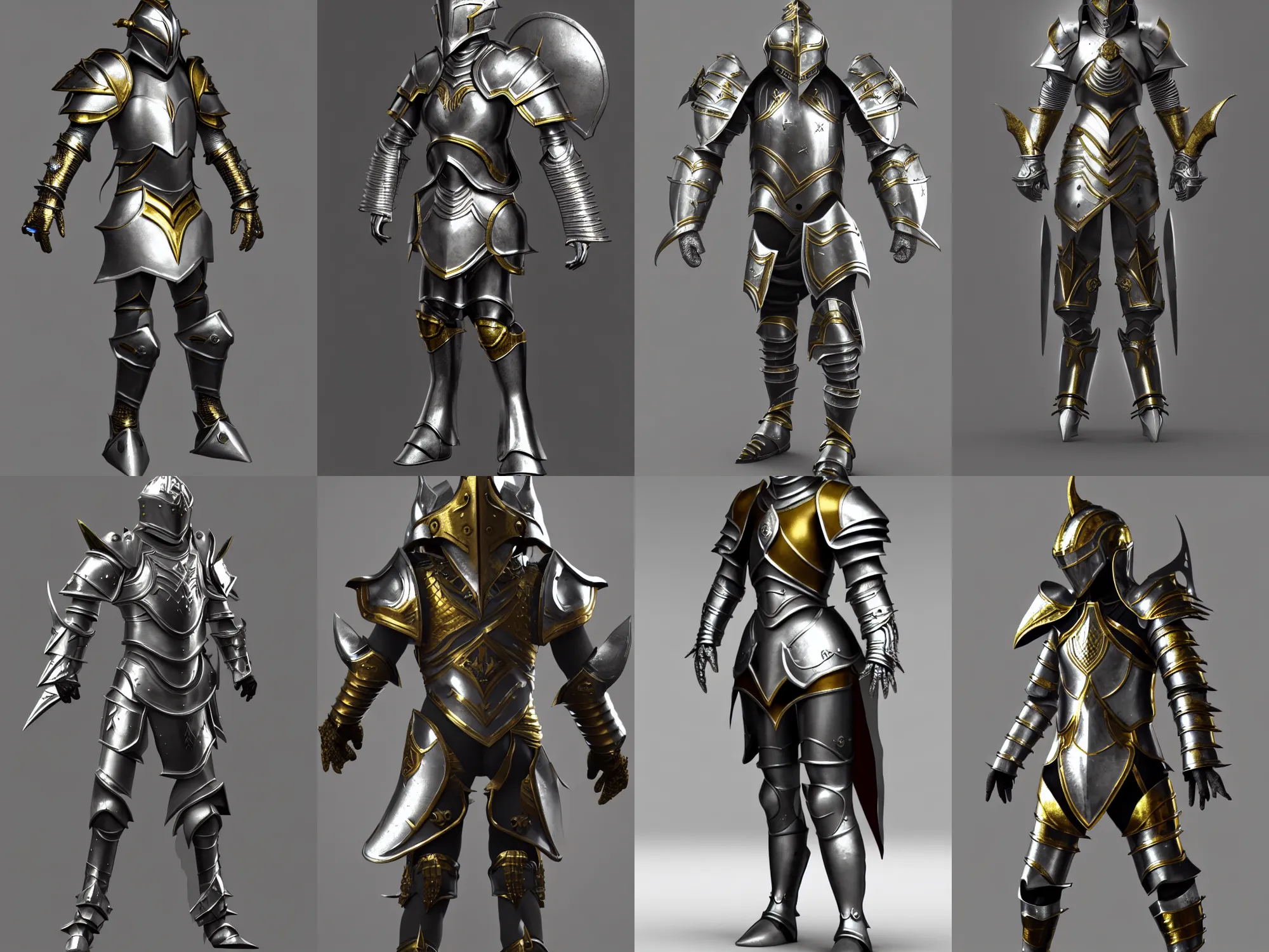 Prompt: render of fantasy armor, silver with gold trim, huge stylized pauldrons, medieval fantasy, extremely clean, exaggerated proportions, trending on Artstation, HD Octane render, 8k