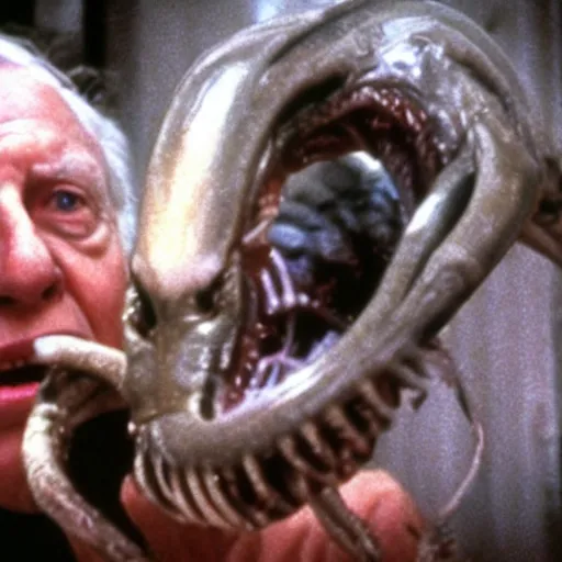 Image similar to cinematic still of sir david attenborough holding a xenomorph larva in awe in 1 9 7 9 movie alien, hd, 4 k