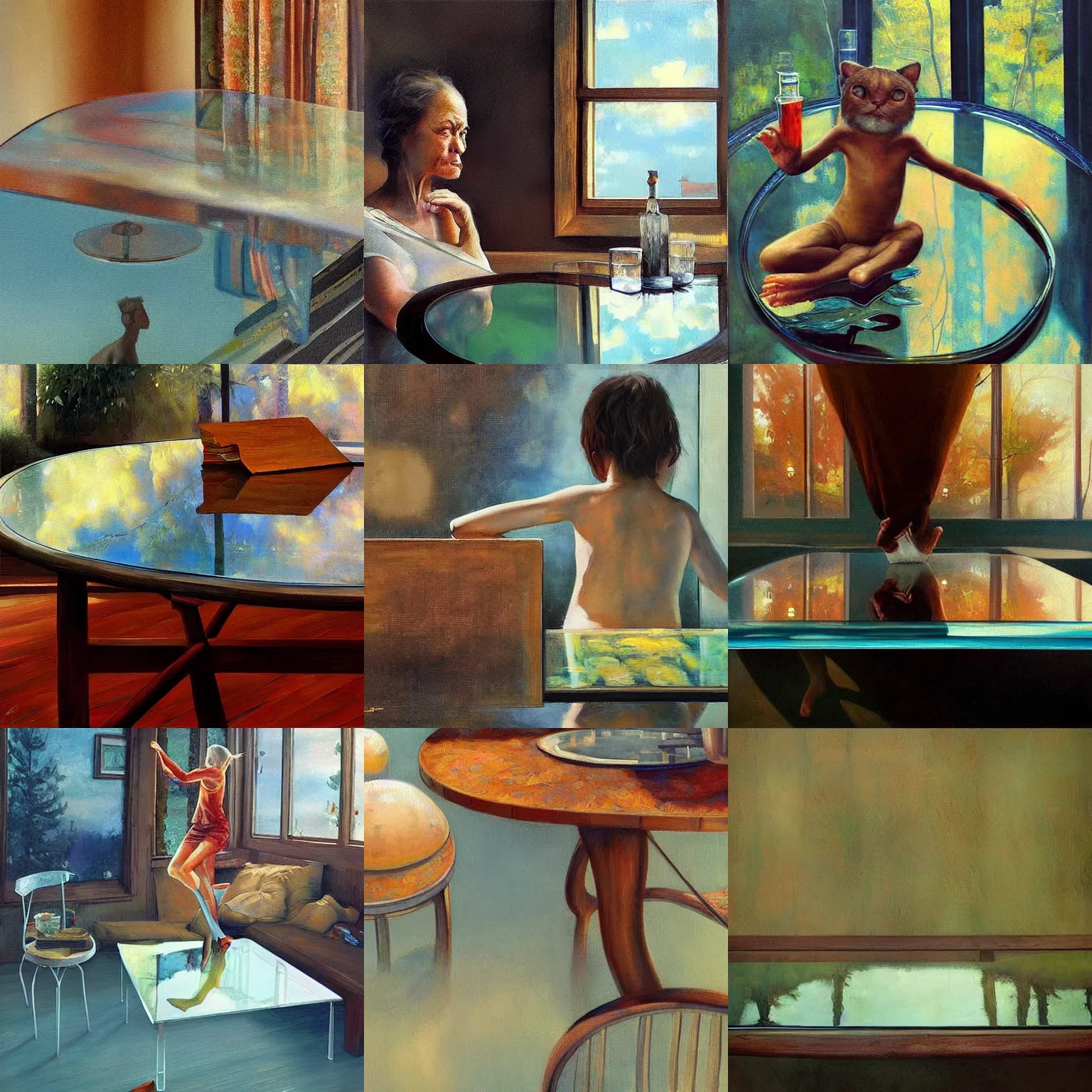Prompt: Reflections on a glass table, painting, 4K, 8K by Esao Andrews
