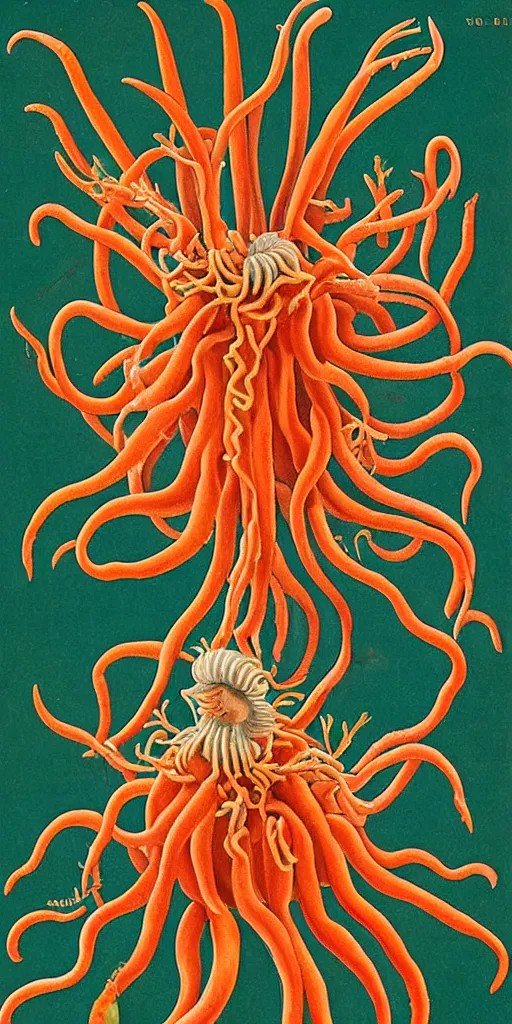 Prompt: A super-detailed poster of emaciated deep-sea anemone by Maria Sibylla Merian, photorealism, Color Palette is Dark Orange , Dark Green, Dark Sienna and White