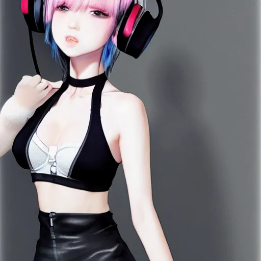 Image similar to realistic teasing detailed semirealism beautiful gorgeous cute Blackpink Lalisa Manoban white hair white cat ears blue eyes, wearing black camisole outfit, headphones, black leather choker full HD 4K high resolution quality WLOP, Aztodio, Taejune Kim, Guweiz, Pixiv, Instagram, Artstation
