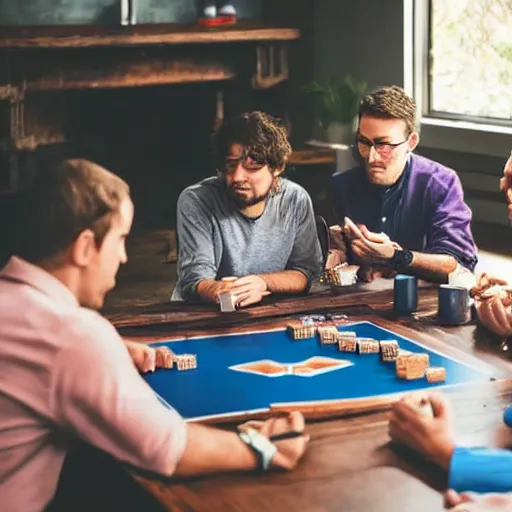 Image similar to photo of a dozen people sitting around a wooden rectangular table playing a board game