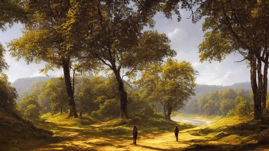 Prompt: A beautiful landscape oil painting of a hill with trees, a person is walking trhough the river and anoter person is sitting under a tree, the summer has arrived and the trees are almost dry, covered with yellow-greenish leafs, the river and the waterfall have almost no water, the river has lots of dark grey rocks, by Greg Rutkowski