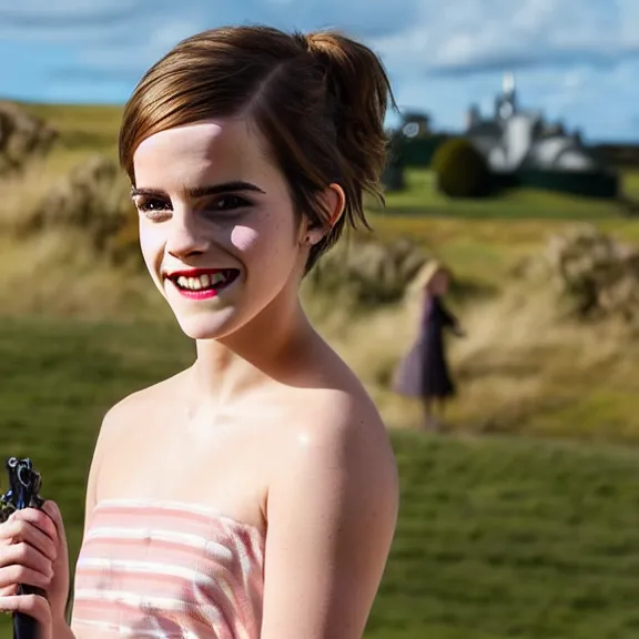 Image similar to Joyful!!! smiling Emma Watson wearing cyborg prosthetic in the style of Her (2013). Clear Hands. Clear body. Clear Clothes. Hobbiton as Background. Cinematic. Professional Photo. UHD. 8k. Clear Face.