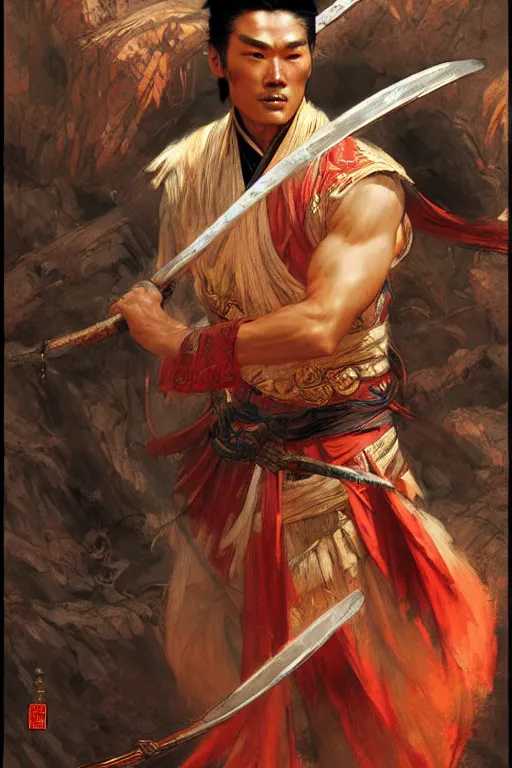 Image similar to wuxia, male, character design, ancient china, colorful, painting by gaston bussiere, craig mullins, j. c. leyendecker, tom of finland