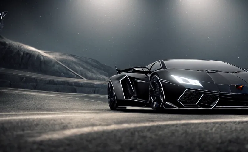 Image similar to a black Lamborghini in the mountain road at night whit cyan headlights on, by Khyzyl Saleem, night time, atmospheric, artstaion, concept art, illustration, sharp focus, high detail, octane render, cyberpunk, intimidating