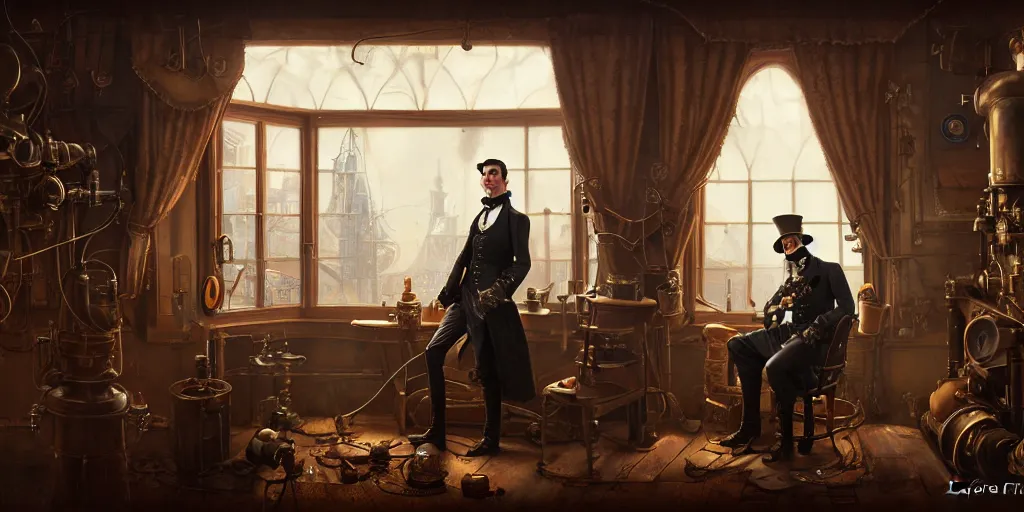 Prompt: highly detailed portrait painting of victorian gentleman, steampunk, welder, room mono window, by eddie mendoza and tyler edlin, 8 k resolution