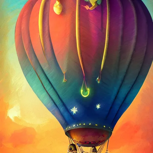 Image similar to a beautiful colorful stunning fantasy whimsical matte digital storybook concept illustration of a night - time hot - air balloon race by marc simonetti and anato finnstark, disney, magical bokeh moon stars, trending on artstation hq, masterpiece