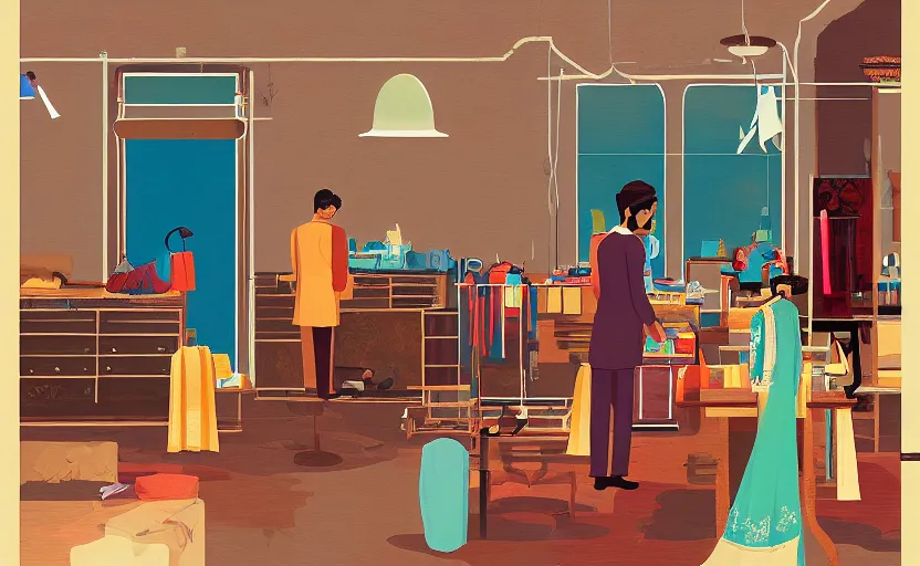 Image similar to interior of an indian tailor shop, james gilleard, print, game art