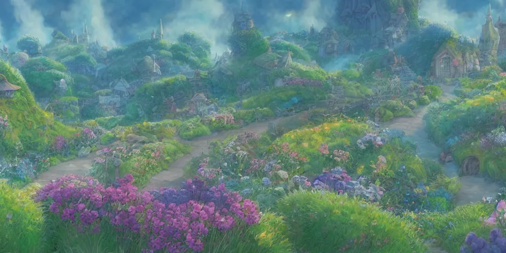 Prompt: a still of a background from howl's moving castle!!!!! of hobbiton, light bloom, studio ghibli!!!!!