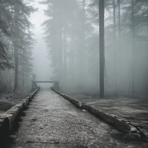 Image similar to photography of an old bridge over a dried river next to a haunted dark foggy forest with pine trees and mist, where monsters peer out waiting to pounce,