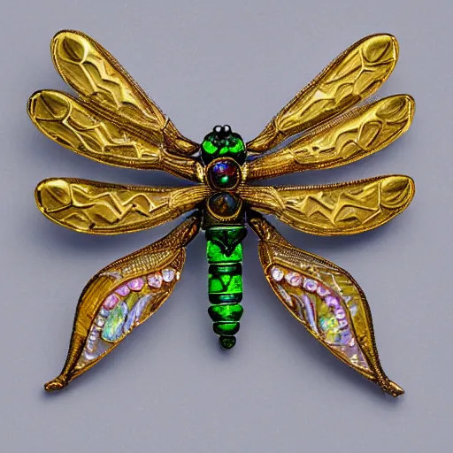 Image similar to highly detailed, well-lit studio photo of a complex intricate, ornate, art nouveau dragonfly brooch, with interlacing golden curves and opal eyes