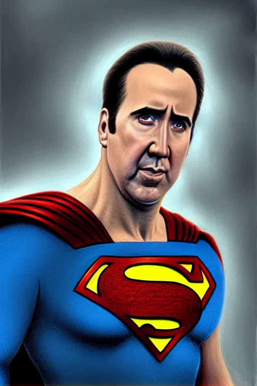 Image similar to portrait of nicolas cage as superman looking away from the camera, intricate, hyperrealistic, extremely detailed pencil drawing by simon stalenhag and greg rutkowski, artstation