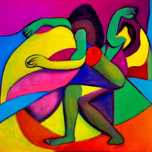 Prompt: woman woman dressed in flowers dances by the ocean at sunset, abstract art in the style of cubism and georgia o'keefe,