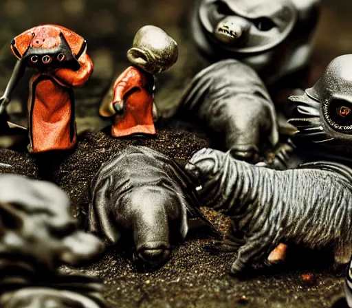 Image similar to miniature figurines of heironymus bosch monsters, close up, detail, tilt shift, product photography