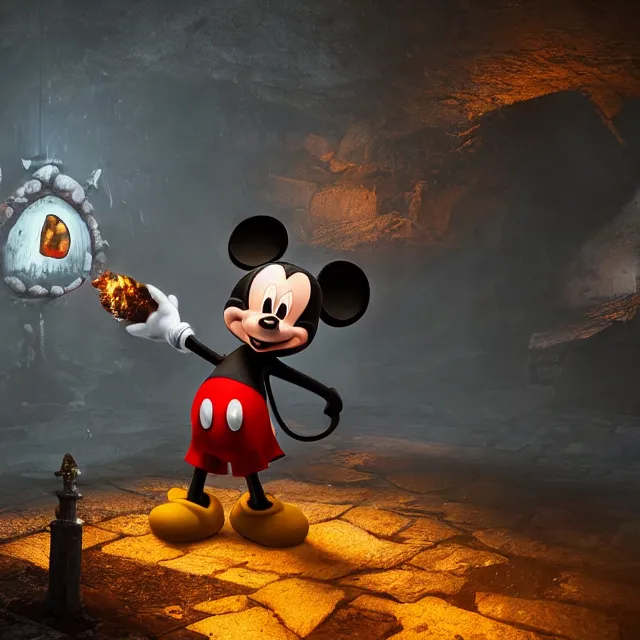 Prompt: mickey mouse reimagined as a monster boss in dark souls, dark cinematic, volumetric, realistic, cinematic lighting, ray tracing, unreal engine 5, unreal engine render, octane render, hyper realistic, photo, 8 k