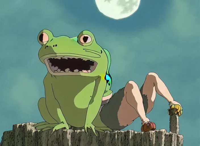 Image similar to a still from a studio ghibli movie of a cartoon frog man from princess mononoke ( 1 9 9 7 ), in front of a pale full moon, full body, wide shot, very dull muted colors, studio ghibli, highly detailed, deviantart, art by artgem