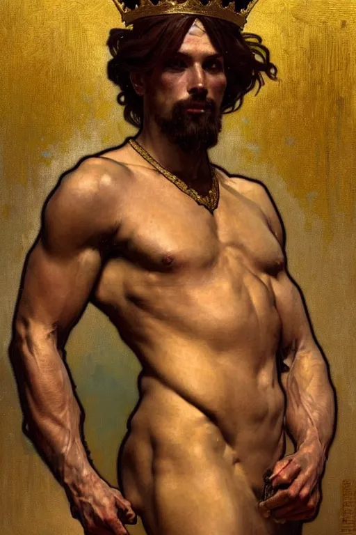 Prompt: A man wearing golden crown, muscular, painting by greg rutkowski and alphonse mucha