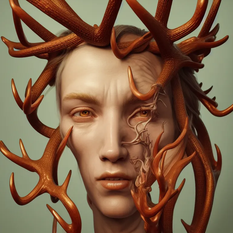 Image similar to portrait ms with ribbed body, covered with twisted ribbed crooked antlers, baroque portrait by rutkowsky and charles vess and james jean and erik jones and rhads, 3 d octane render, beautiful fine face features, intricate high details, sharp, ultradetailed, artistic photography