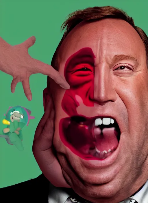 Prompt: A hyper realistic ultra realistic photograph of Alex Jones screaming dressed as kirby by Brandon Scott H, detailed, photorealistic imagery, 8k quality