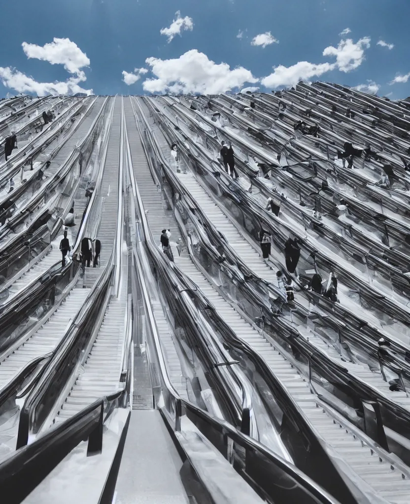 Prompt: rows of escalators leading endlessly into the sky, sunny day, clouds, cinematic, masterpiece