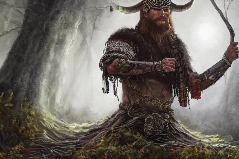 Image similar to mythological Viking Shaman of artificial intelligence creating an artificial neural network with synapses on an anvil, dark mystical forest in the background, high resolution, award winning art, trending on art station, sharp image, incredibly detailed, detailed character realistic painting,