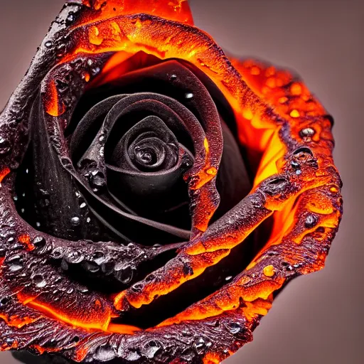 Image similar to award - winning macro of a beautiful black rose made of glowing molten magma