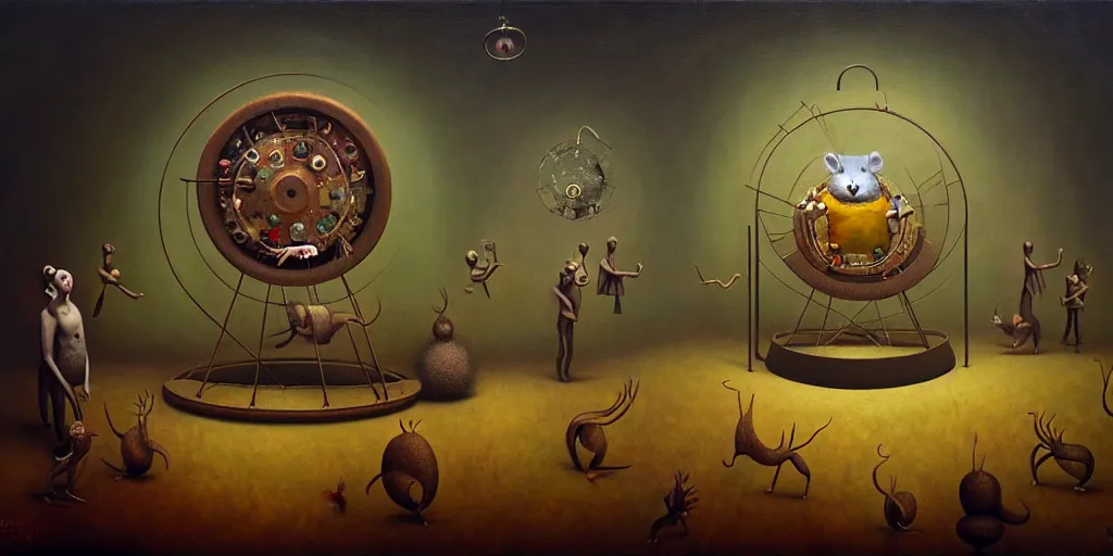 Image similar to trapped on the hedonic treadmill like a hamster on a wheel, dark surreal oil painting by ronny khalil, shaun tan, and leonora carrington