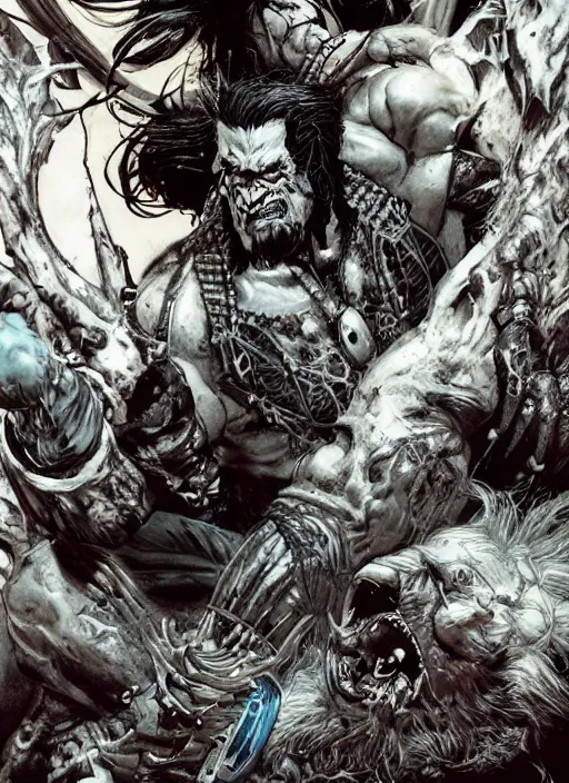 Image similar to first issue of lobo comic book cover art by simon bisley and ariel olivetti, au naturel, hyper detailed, digital art, trending in artstation, cinematic lighting, studio quality, smooth render, unreal engine 5 rendered, octane rendered, art style by klimt and nixeu and ian sprigger and wlop and krenz cushart