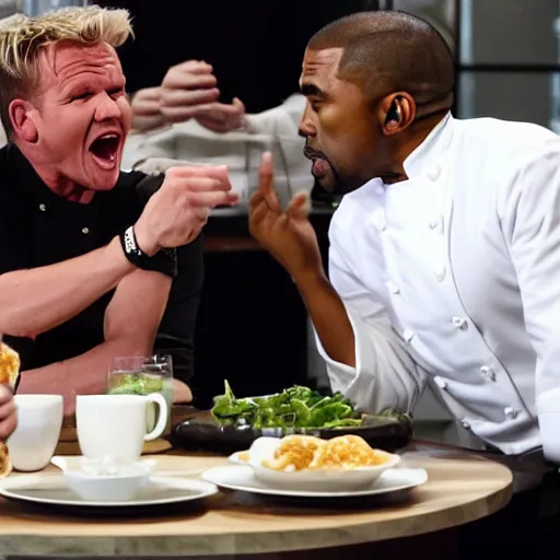 Prompt: gordon ramsay slaps kanye west in the face because hes eating cheerios and gordon ramsay despises cheerios