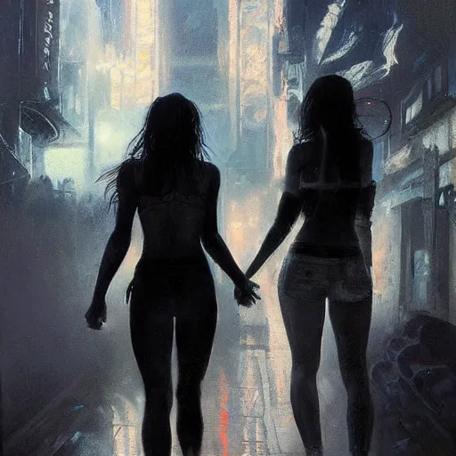 Image similar to bella thorne and megan fox holding hands, hyperrealistic full figure, bladerunner street, art of elysium by jeremy mann and frank frazetta, fantasy art, photo realistic, dynamic lighting, artstation, full figure poster, volumetric lighting, very detailed face, 4 k, award winning