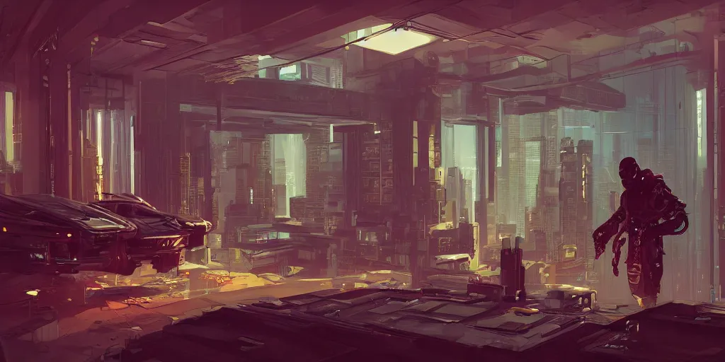 Image similar to cyberpunk apartment interior overview mapa design, Moebius, Greg Rutkowski, Zabrocki, Karlkka, Jayison Devadas, Phuoc Quan, trending on Artstation, 8K, ultra wide angle, pincushion lens effect.