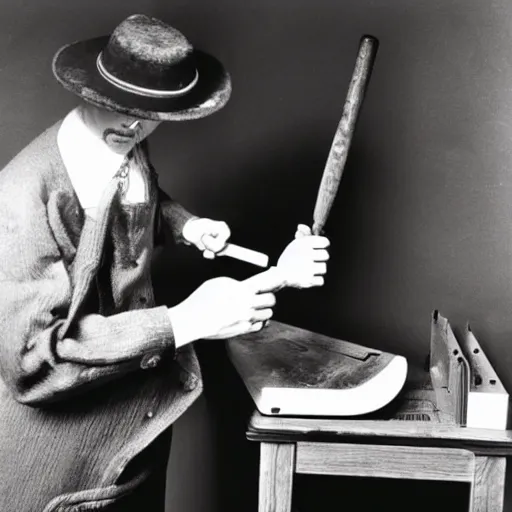 Prompt: a black and white photograph of a man beating a computer with a baseball bat, by gary baseman, robert crumb, jim henson, photorealistic, surreal, high contrast, film photography