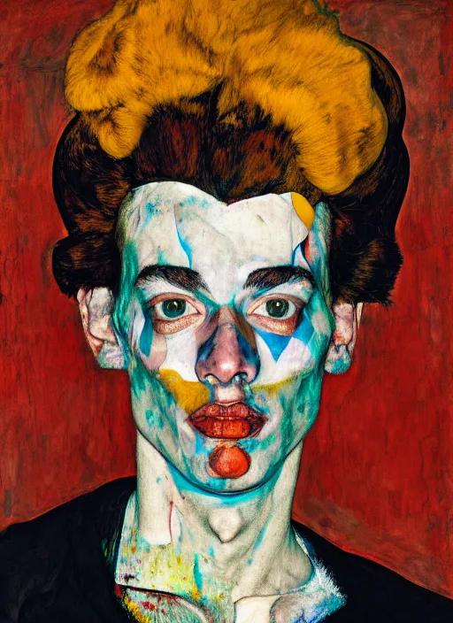 Image similar to portrait of an harlequin sitting on a stool, by vincent lefevre, egon schiele and hernan bas and pat steir and hilma af klint, psychological, photorealistic, symmetrical face, dripping paint, washy brush, rendered in octane, altermodern, masterpiece