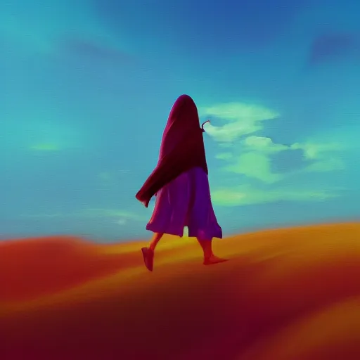 Image similar to closeup giant dahlia flower under head, girl walking between dunes, surreal photography, sunrise, blue sky, dramatic light, impressionist painting, digital painting, artstation, simon stalenhag