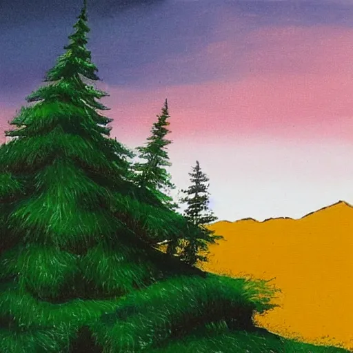 Prompt: a single tree on a mountain, artwork by bob ross