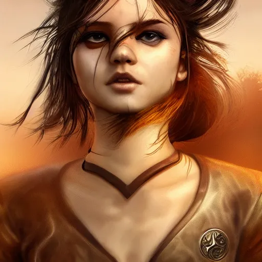 Prompt: beautiful young wind spirit, leather top, full round face, short smile, golden hour, full body, post apocalyptic setting, medium shot, mid-shot, highly detailed, trending on Artstation