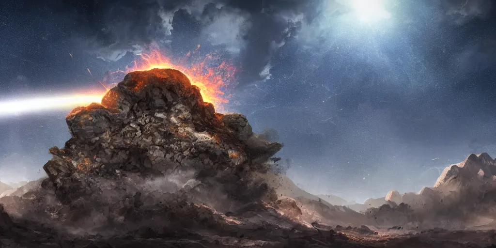 Prompt: meteorite smashing into a mountain, fantasy apocalypse, digital art, 4 k, mmo