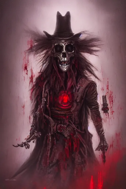 Image similar to the ghost - spirit of the grim - hatter wears the scarlet skull armor and blood headdress, midnight fog - mist!, dark oil painting colors, realism, cinematic lighting, various refining methods, micro macro autofocus, ultra definition, award winning photo