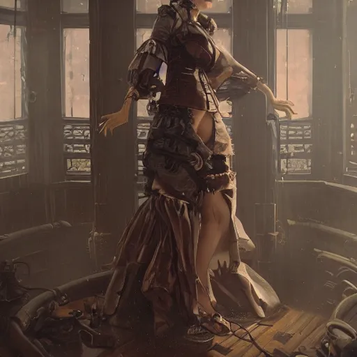 Image similar to a fancy photograph of an attractive women in a steampunk style high cut dress by greg rutkowski, sung choi, mitchell mohrhauser, maciej kuciara, johnson ting, maxim verehin, peter konig, 8 k photorealistic, cinematic lighting, hd, high details, dramatic, dark atmosphere, trending on artstation