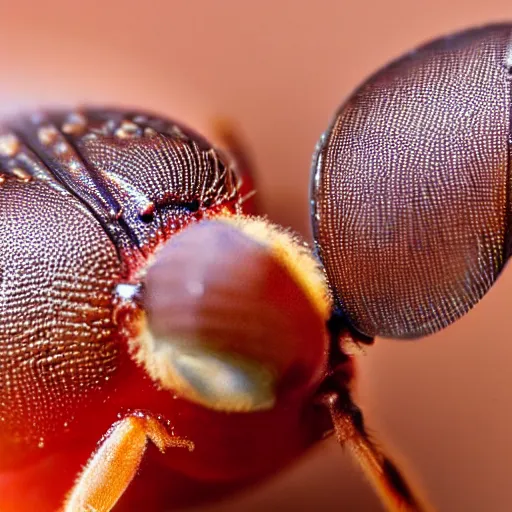 Image similar to macro lenses of a fruit fly. Small Insect. Very detailed. Great zoom. Award winning photography. 4k