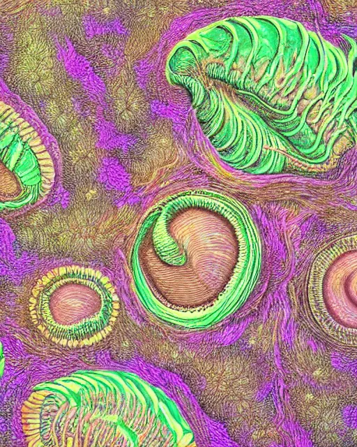 Image similar to Escherichia coli, close up details, drawn by Ernst Haeckel, colorful, beeple rendering